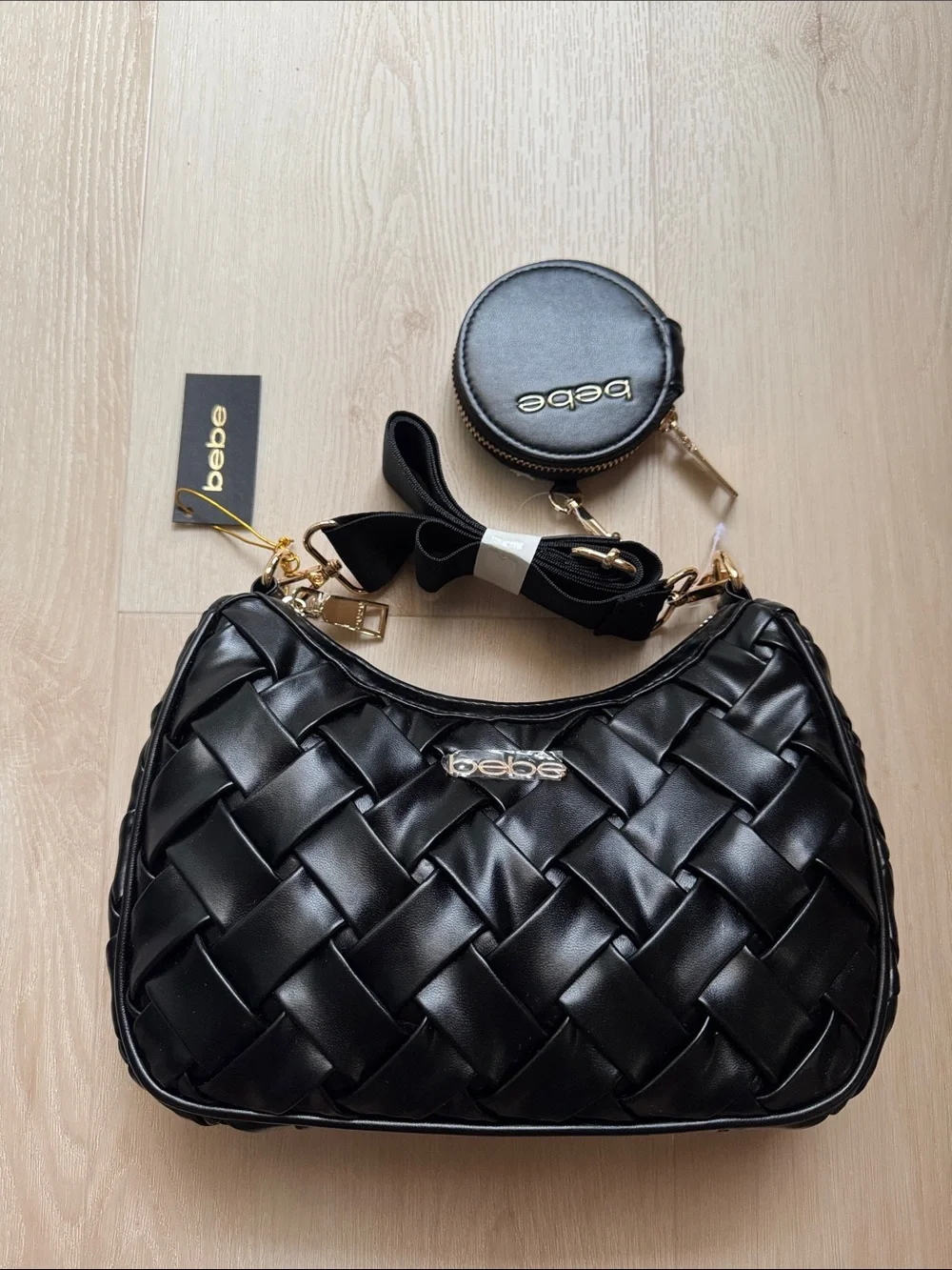 bebe Black Woven Shoulder Bag with Coin Pouch and Removable Strap